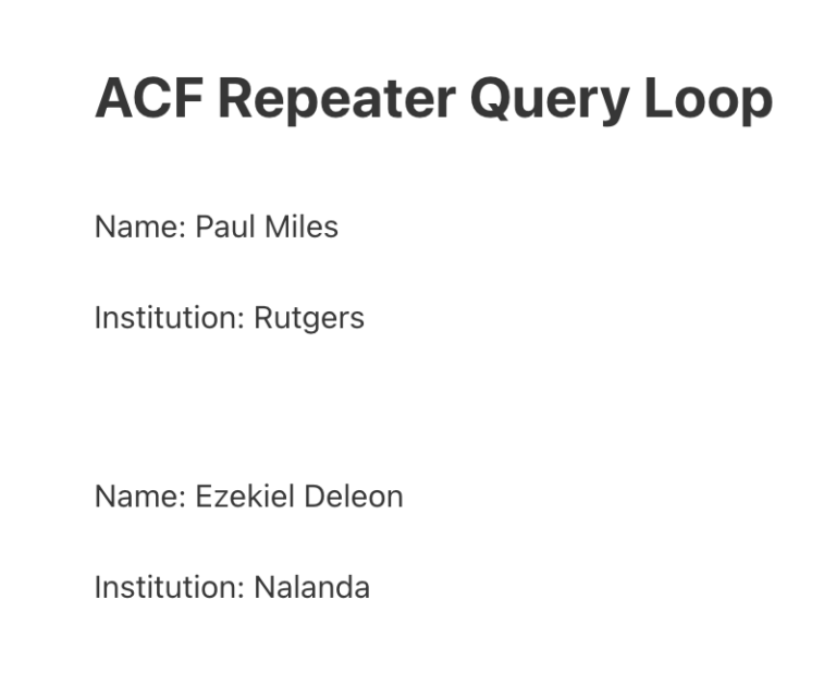 ACF Repeater Sub Field Data
